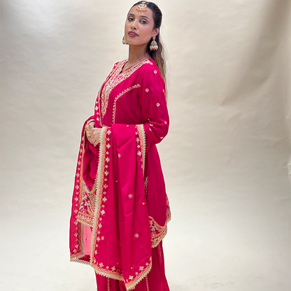 Fashionable Rani Color Embroidered Chinon Fabric Palazzo Suit