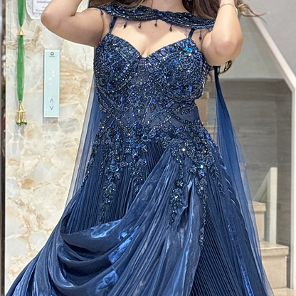 Navy Blue Sequin Embellished Designer Gown with Draped Skirt and Sheer Dupatta
