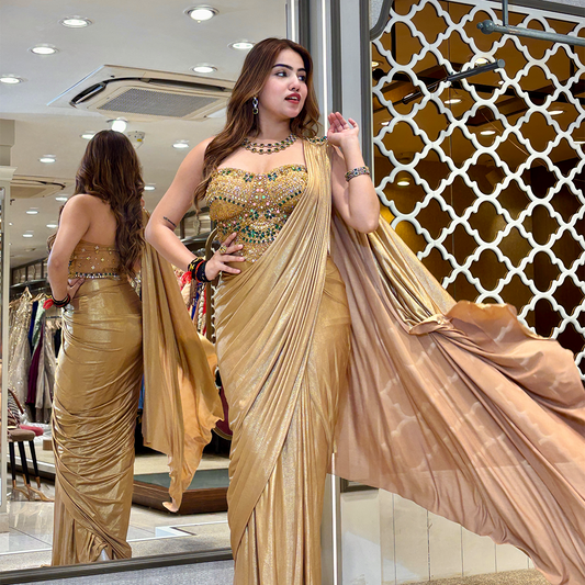 Beige Gold Ready-to-Wear Saree with Embellished Blouse | Pre-Draped Party Wear
