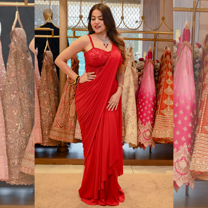 New Red Lycra Cutwork Hand Embroidered Draped Saree Set