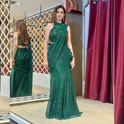 Emerald Green Sequin Embellished Designer Drape Saree with Halter Neck Blouse