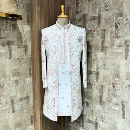 Handwork Sangam White Silk Groom Sherwani