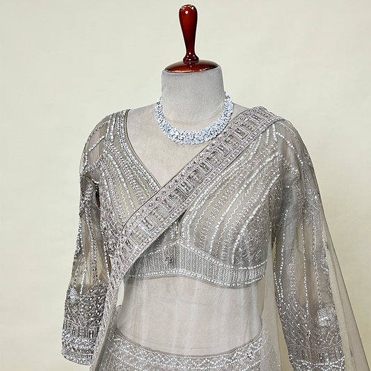 New Wedding Wear Grey Embroidery Work Net Lehenga Choli