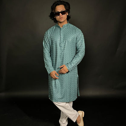 Blue Men's Sequins Embroidered Kurta With Pyjama