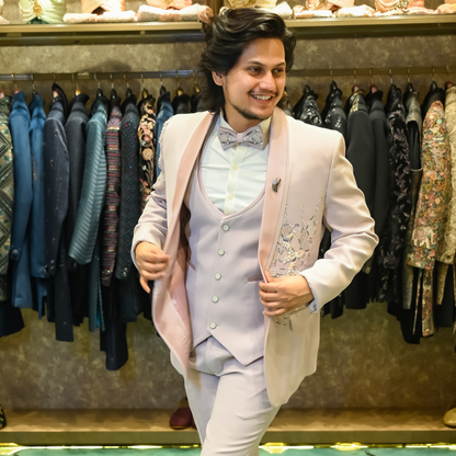 New Pastel Pink Tuxedo for Men Wedding Wear with Floral Embroidery