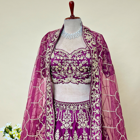 Deep Purple Silk Zardosi Hand Embroidered Lehenga