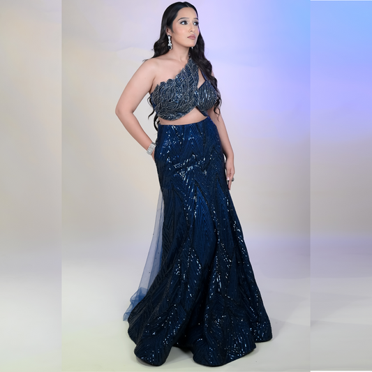 Buy Women Midnight Blue Solid Top with Embellished Fishcut Designer Croptop
