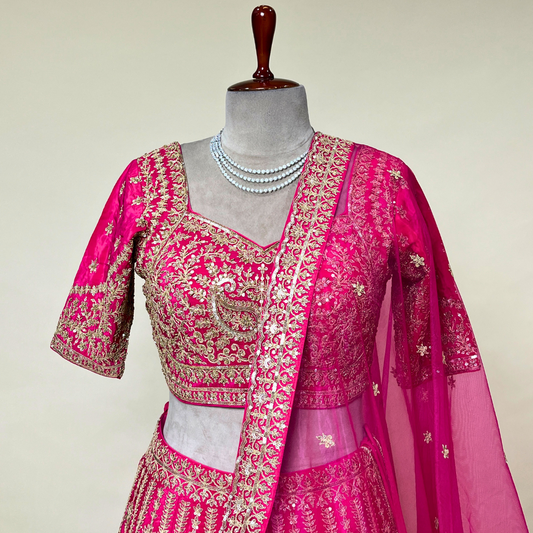 Magenta Lehenga Choli in Raw Silk with Hand Embroidery