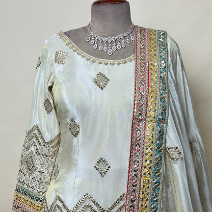 New Cream Brocade Sharara Suit Set With Sequins Dupatta