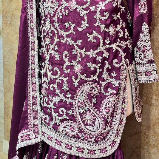 New Exclusive Dark Purple Color Embroidered Work Sharara Suit