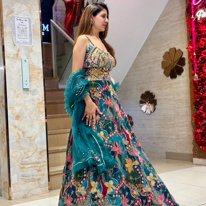 Teal Green Designer Lehenga Choli with Multicolor Floral Embroidery