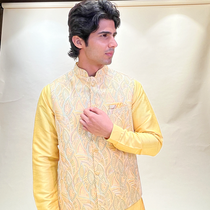 Silk Light Yellow Traditional Wear Readymade Kurta Pajama With Nehru jacket