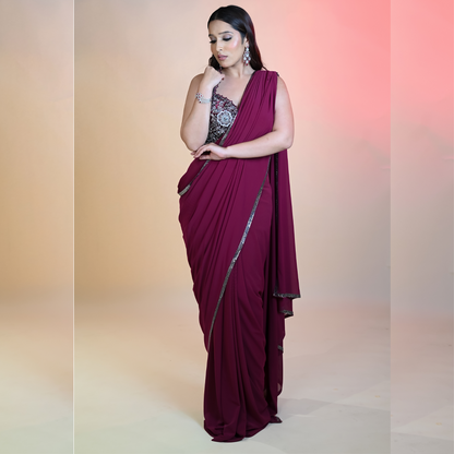 New Purple Georgette Sequins, Beads Solid Pre-draped Saree With Embellished Blouse