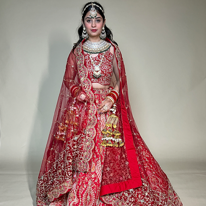 Red Pure Handloom Embroidery Dabka Dori Flower Jaal Bridal Lehenga Set