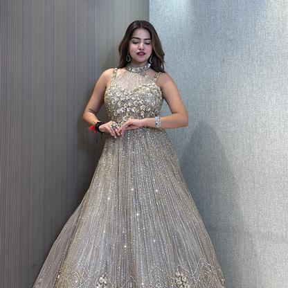 Grey Sequins Embroidered Net Evening Gown with Halter Neck