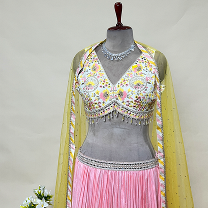 New Pink & Yellow Ombre Shimmer Chiffon Designer Lehenga Set