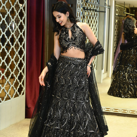 Midnight Glam Fish Cut Lehenga & Designer Blouse Set without Sleeves