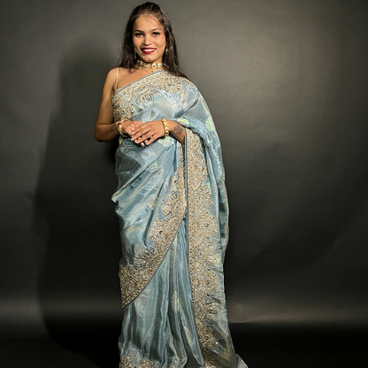 Ethnic Motifs Blue Embroidered Sequinned Saree