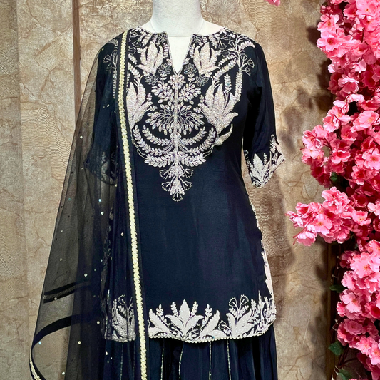 Sangam Black Designer Embroidered Work Sharara Suit