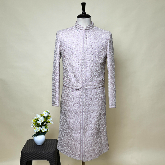 New Lilac Designer Pure Handwork Embroidered Sherwani With Belt Set