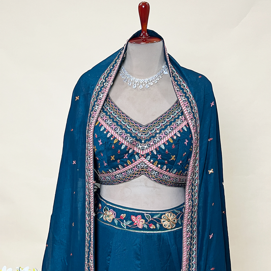 Floral Teal Blue Embroidered Designer Lehenga with V shape Blouse