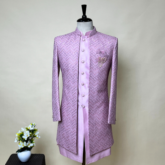 New Purple Embroidered Front Open Style Indo Western Set