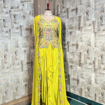 Floral Design Sharara Suit Set with Shrug Greenish Yellow Colour.