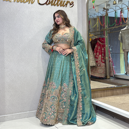 New Green Tissue Silk Designer Lehenga with Heavy Cutdana Heavy Embroidery Work