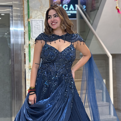 Navy Blue Sequin Embellished Designer Gown with Draped Skirt and Sheer Dupatta