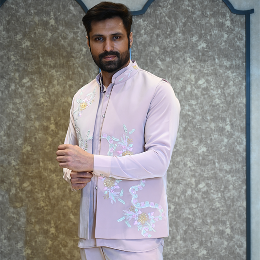 Elegant Pink Linen Front Open Kurta Koti Set Set Men in Viscose Silk