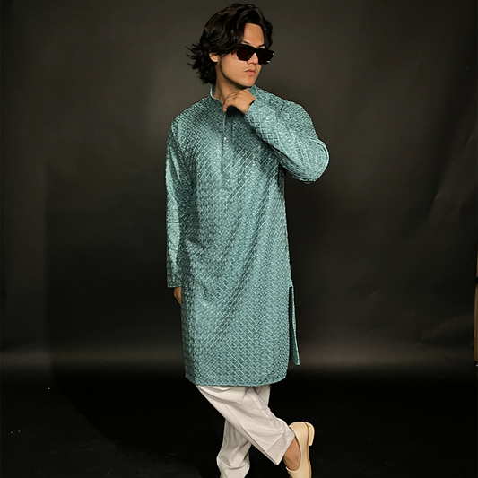 Blue Men's Sequins Embroidered Kurta With Pyjama