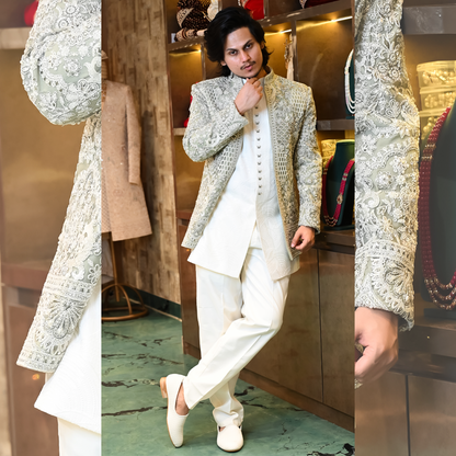 New Pista Green Embroidered Indo-Western for Men