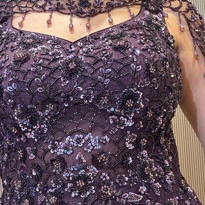 Plum Purple Sequin Embellished Designer Ball Gown with Sheer Cape Sleeves