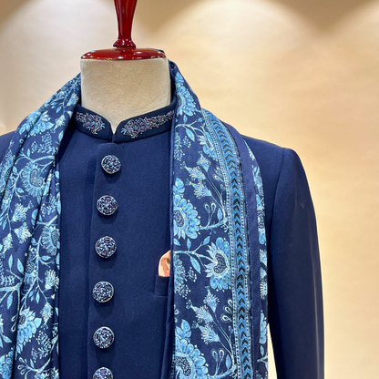 This stylish Dark Blue Indo Western paired with a luxurious embroidered shawl for men