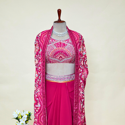 Magenta Pink Croptop Sharara Set with Shrug