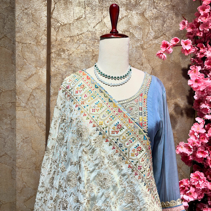 Attractive Blue Suit Set with Contrast Cream Dupatta