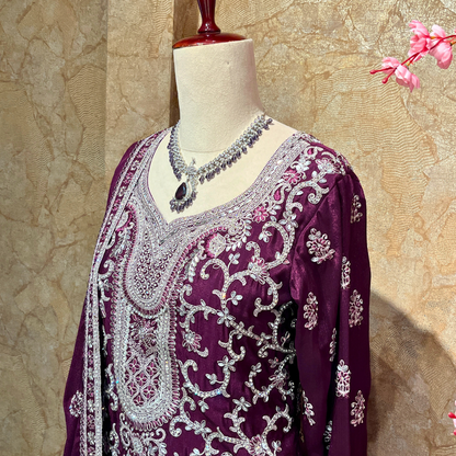 New Exclusive Dark Purple Color Embroidered Work Sharara Suit