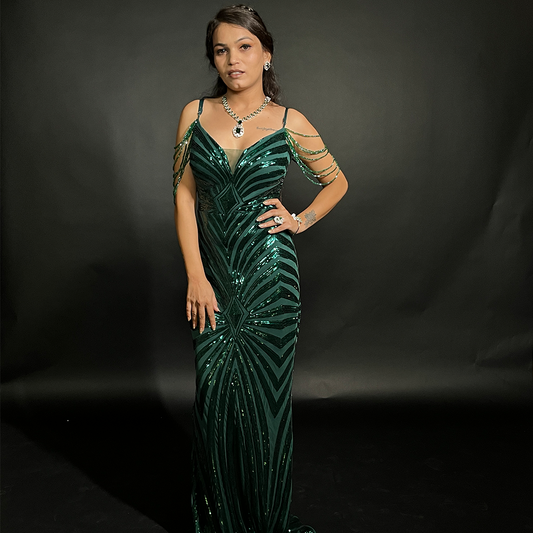 New Green Sequins Mermaid Long Evening Dress