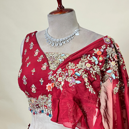 Dark Red Color Designer Hand Worked Croptop Lehenga With Attached Dupatta