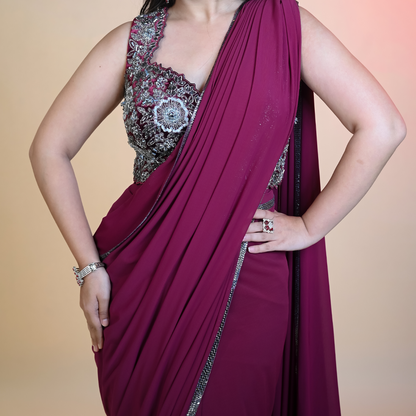 New Purple Georgette Sequins, Beads Solid Pre-draped Saree With Embellished Blouse