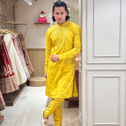 Golden Yellow Embroidered Mirror Work Regular Kurta With Churidar