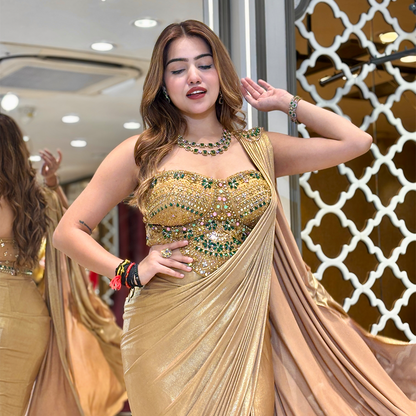 Beige Gold Ready-to-Wear Saree with Embellished Blouse | Pre-Draped Party Wear
