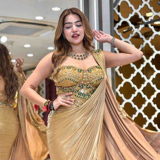 Beige Gold Ready-to-Wear Saree with Embellished Blouse | Pre-Draped Party Wear