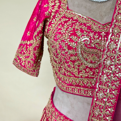 Magenta Lehenga Choli in Raw Silk with Hand Embroidery