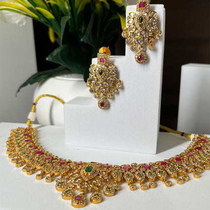 New Gold tone ruby-emerald-white mango necklace set