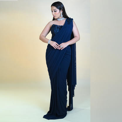 Navy Blue Pre Stitched Draped Saree Gown Set with a Hand Embroidered Set