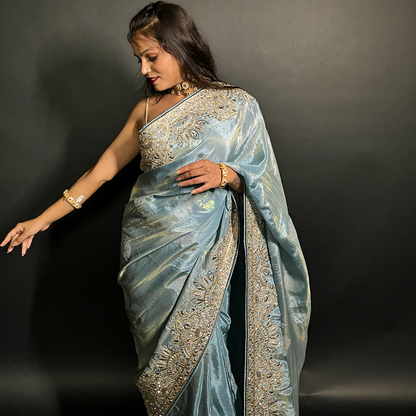 Ethnic Motifs Blue Embroidered Sequinned Saree