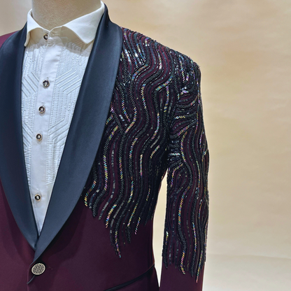 Dark Midnight Wine tuxedo suit featuring cutdana embroidery