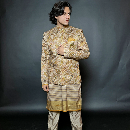 Beige & Gold Masoori Designer Jodhpuri Suit