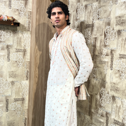 Off White Raw Silk With Mirror Work Embroidery Kurta Set with Jacket